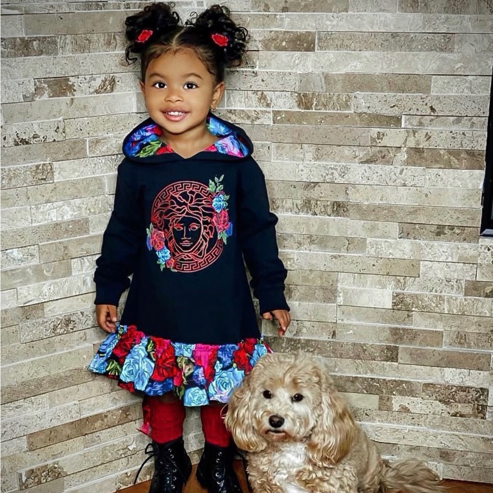 Versace black & floral hooded kids dress